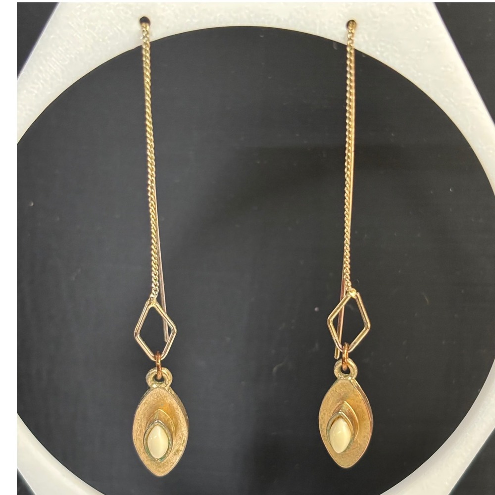 Vintage Gold Tone Marquise Faux Pearl Geometric Threader Drop Earrings